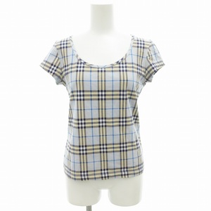 バーバリー ロンドン BURBERRY LONDON Tシャツ カットソー 半袖 Uネック ノバチェック 38 M 水色 ライトブルー ベージュ /GV