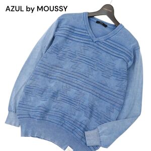 AZUL by MOUSSY アズール マウジー 通年 Vネック チマヨ★ ネイティブ柄 コットン インディゴ ニット セーター Sz.L　メンズ　C4T02192_3#L