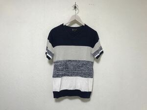 本物ミッシェルクランオムMICHELKLEIN HOMMEコットン麻リネンボーダー柄Vネックニット半袖TシャツメンズサーフビジネススーツM青ブルー46