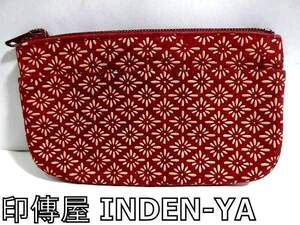 X5A053◆本物◆ 印傳屋 INDEN-YA レッド ひなぎく柄 ポケット付き ファスナー 小銭入れ コインケース 財布