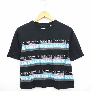 ユニクロ UNIQLO Tシャツ カットソー 英字 文字プリント 丸首 半袖 コットン 綿 S ブラック グレー 黒 灰 /MT22 レディース