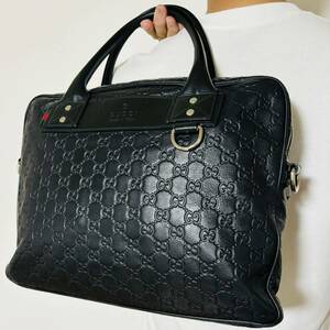 【極美品/A4】GUCCI グッチ シマ GG シェリーライン ビジネスバッグ ブリーフケース 書類バッグ メンズ レザー 革 ブラック 黒 大容量