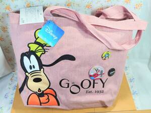 [トートバッグ]Disney　グーフィー　缶バッチ3個付　GOOFY　タグ付き トートバッグ