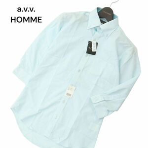 【新品 未使用】 a.v.v. HOMME アーヴェヴェオム 春夏 COOL DRY 吸汗速乾★ 7分袖 総柄 BDシャツ Sz.S　メンズ 青系　A4T08052_7#A