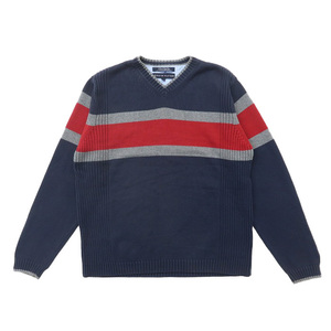 古着 TOMMY トミーヒルフィガー コットンニット セーター ボーダー ネイビー レッド グレー サイズ表記：M　gd66139