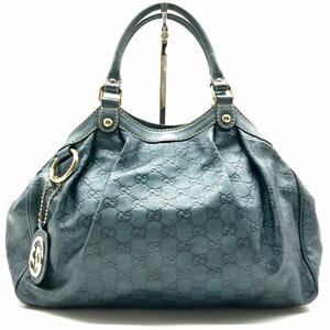 1円 良品 GUCCI グッチ GGシマ スーキー ブルー系 トート バッグ レザー レディース k2683