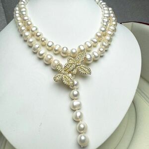 蝶々デザイン本真珠ネックレス9mm 85cm 天然Pearl necklace パールネックレス