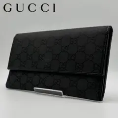 【極美品】GUCCI レザー×ナイロン 長財布 GG総柄 型押し ブラック 黒