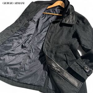 最高級革タグ!! 40万 ●GIORGIO ARMANI ジョルジオアルマーニ レザー切替 コート アウター ジャケット スタンドカラー M チャコールグレー