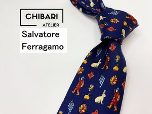 【美品】Salvatore Ferragamo　フェラガモ　ウサギさん柄 ネクタイ 3本以上 送料無料 メンズ ネイビー　1202254