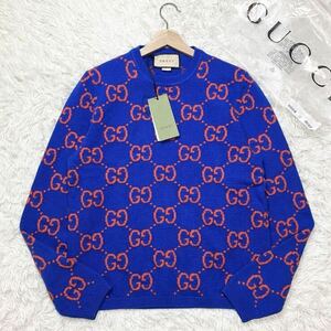 1円●新品未使用 22ss●GUCCI グッチ ニット GGモノグラム GGスプリーム ウール 長袖 ブルー M ●新品タグ&保存袋付き● メンズ レディース