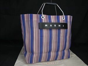 1円 ■美品■ MARNI マルニ フラワーカフェ マーケット PVC ストライプ ハンドバッグ レディース ブルー系×マルチカラー FA8644