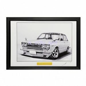 日産 NISSAN 510ブルーバード【鉛筆画】名車 旧車 イラスト A4サイズ 額付き サイン入り