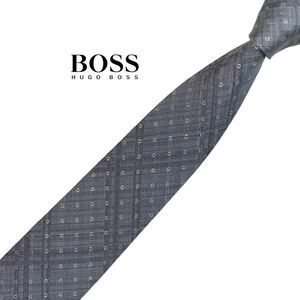 ★美品★細め★ HUGO BOSS 高級ネクタイ パターン柄 グレー系 ヒューゴボス USED メンズ服飾小物 中古 t916