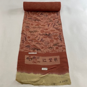 反物 秀品 小紋 松竹梅 建物 赤茶 正絹 【中古】