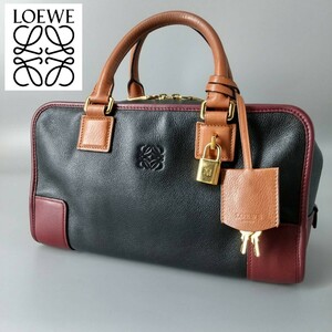 1円 LOEWE ロエベ アマソナ28 トリコロール ボストンバッグ アナグラム マルチカラー 黒 ブラック ボルドー オールレザー レディース