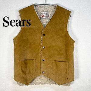 古着 レザーベスト 裏地ボア革ベスト ビンテージ 皮ベスト 本革 Sears シアーズ TheLeatheRShop レザーベスト S 茶色 ブラウン ライダース