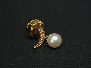 1円 ■極美品■ MIKIMOTO ミキモト 本真珠 アコヤ真珠 パール 約7mm ダイヤモンド 18K 18金 ムーン 月 ピンブローチ ゴールド系 FI7609