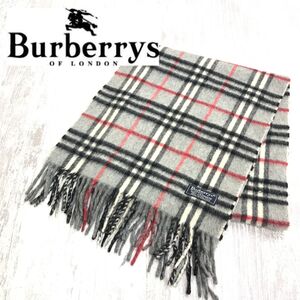 1I3095-R◆イングランド製 良品 Burberrys バーバリーズ フリンジマフラー◆ユニセックス カシミヤ100% 通勤 通学 秋冬 防寒 ニット グレー