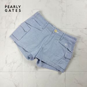 美品 PEARLY GATES パーリーゲイツ ショートパンツ ストライプ柄 ワッペン ボトムス レディース ライトブルー サイズ0*MC1206