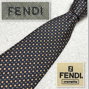 FENDI フェンディ　ネクタイ　FF柄　スクエア　総柄　シルク100% イタリア製　ブルー×ベージュ　ビジネス