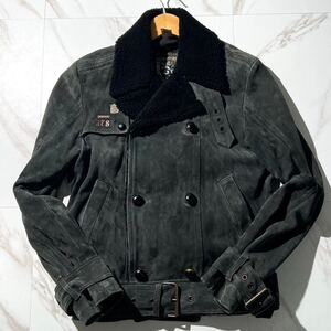 美品【L】襟ボア DIESEL ディーゼル ライダース レザージャケット バイカー ベルト ボタン バックスキン ラム 羊革 本革 ロゴプレート 