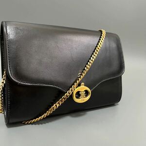 1円 CELINE セリーヌ レザー チェーン クロスボディ ショルダーバッグ 斜め掛け レディース ブラック系 金具 ゴールド正規品本物