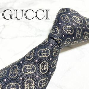 GUCCI グッチ　GG柄 インターロッキング　ブラック　ゴールド シルク ビジネス ネクタイ