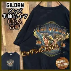 ギルダン イーグル バイク アニマル ラスベガス Tシャツ 半袖 黒 USA古着