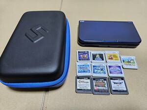 【中古美品】１円スタート/送料無料/ガラスフィルム　New ニンテンドー3DS LL メタリックブルー ＆ 専用ケース ＆ ソフト10本