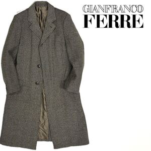 イタリア製 GIANFRANCO FERRE ジャンフランコフェレ 柔らかいウール100% ヘリンボーン 最高級 ロング チェスターコート(48R)グレー メンズ