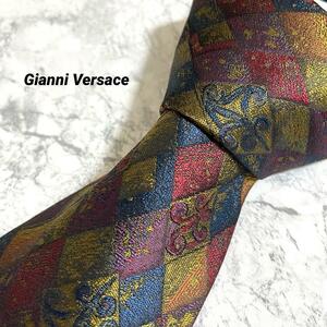 1円　激レア Gianni Versace ジャンニヴェルサーチ　ブランドネクタイ シルク100％ 入手困難　絹　マルチカラー　カラフル　チェック柄