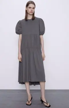 新品☆ZARA ザラ パフスリーブワンピース グレー