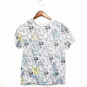 ザラ ZARA 子供服 Tシャツ カットソー 丸首 総柄 英字 半袖 140 ホワイト ブラック 白 黒 /TT18 キッズ