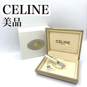 【美品】CELINE セリーヌ ネクタイ　ピン メンズ 馬車 ロゴ ゴールド グリーンライン タイピン　スーツ