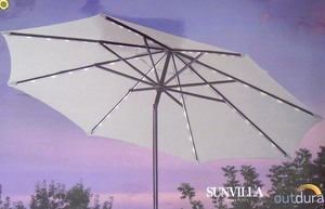 新品アウトレット SUNVILLA LEDライト付 マーケット アンブレラ W290cm H250cm グレー系 ソーラー充電 チルト アルミ製 ガーデン パラソル