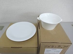 未使用・保管品★Noritake★ノリタケ　コンジュント　スープカップ　4個　コニフェール　17cm　プレート　4枚　白　電子レンジ・食洗器対応