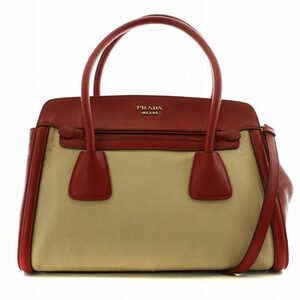 プラダ PRADA ハンドバッグ ショルダーバッグ 2way キャンバス レザー ベージュ 赤 レッド BN2595 /AN5 ■OH レディース