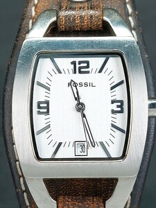 超美品 FOSSIL フォッシル JR8130 アナログ クォーツ 腕時計 3針 シルバー文字盤 デイトカレンダー レザーベルト ステンレススチール