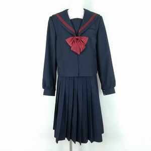 1円 セーラー服 スカート リボン 上下3点セット 175A 大きいサイズ 冬物 赤3本線 女子 学生服 中学 高校 紺 制服 中古 ランクC NA9261