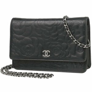 シャネル CHANEL カメリア チェーン ウォレット ココマーク 財布 ショルダーバッグ レザー ブラック A47421 レディース 【中古】