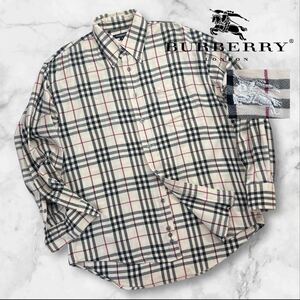 美品 90s 00s BURBERRY LONDON バーバリーロンドン ノバチェック柄 長袖シャツ サイズS ビッグシルエット ベージュ 胸ロゴ刺繍 A2886