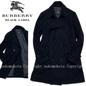 バーバリーブラックレーベル 美しい絶妙なミドル丈 カシミヤ混 ウール Pコート ダブル コート M 黒 ブラック BURBERRY BLACK LABELチェック