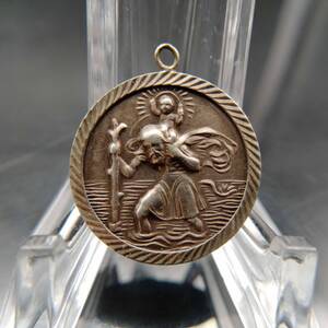 ヴィンテージ シルバー ペンダント コイン チャーム 彫金 男性 子供 St Christopher 聖人 宗教 ③ T6