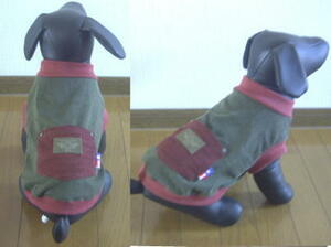 犬服AB39■SSサイズ■チワワS等小型犬用カーキ色ビンテージ風Tシャツ＊エンジ色リブ古着調ハンドメイド