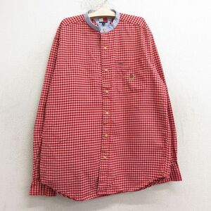 古着 トミーヒルフィガー 長袖 ブランド シャツ キッズ ボーイズ 子供服 90s ワンポイントロゴ コットン ノーカラー 赤他 レッド チェック