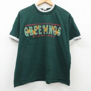 XL/古着 半袖 ビンテージ Tシャツ メンズ 90s GREETINGS トナカイ コットン クルーネック 濃緑他 グリーン 23may31 中古