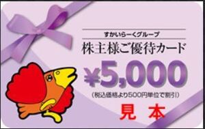 匿名選択可能すかいらーくグループ株主様ご優待カード1枚　未使用5,000円額面ガスト バーミヤン しゃぶ葉 2025.3.31期限