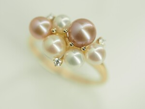 R265 MIKIMOTO　ミキモト　ペルリータ　可愛いバラエティーカラー天然パール　ダイヤモンドリング　指輪　K18YG D0.05ct 12号