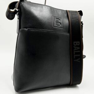 希少/美品●BALLY バリー Bロゴ メンズ ショルダーバッグ 斜め掛け サコッシュ メッセンジャー ビジネス ロゴ型押し レザー 本革 ブラック 